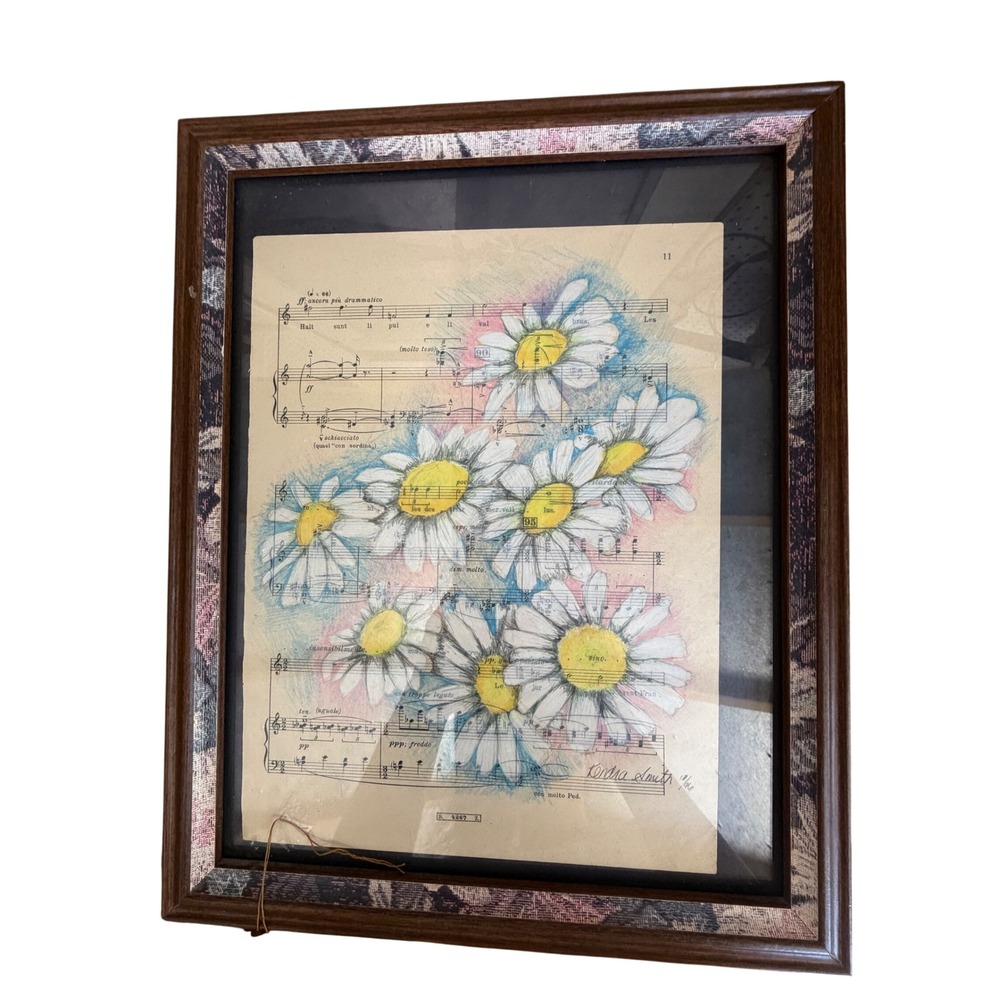 Kendra Smith Hand Drawn Daisy Sheet Music Art Framed Signed Mixed Media 12x15